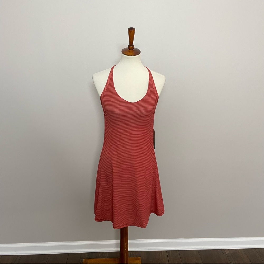 Prana Dress Opal Racerback Shelf Bra Pocket Athleisure Striped Pink Coral Rust